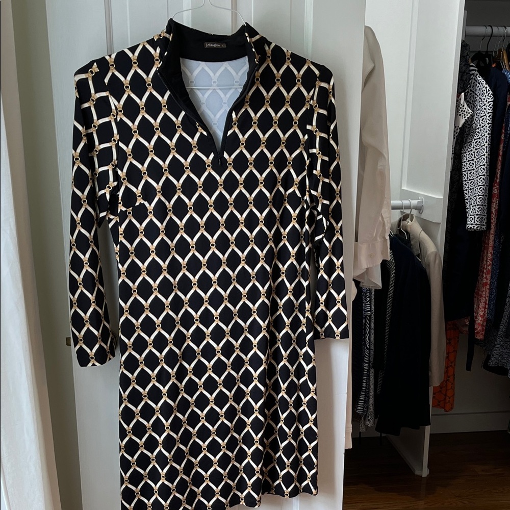 J. McLaughlin Black and Cream Geometric Long Sleeve Dress